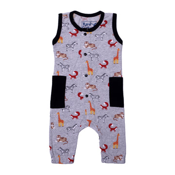 LIGHT GREY FULL BODY SLEEVE LESS ANIMALS WITH POCKETS PRINTED ROMPER